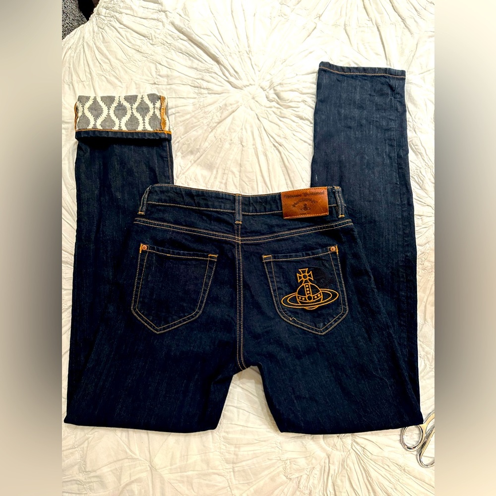 Vivienne Westwood Anglomania Dark Wash Jeans -Orb Logo Print Cuff Straight Leg